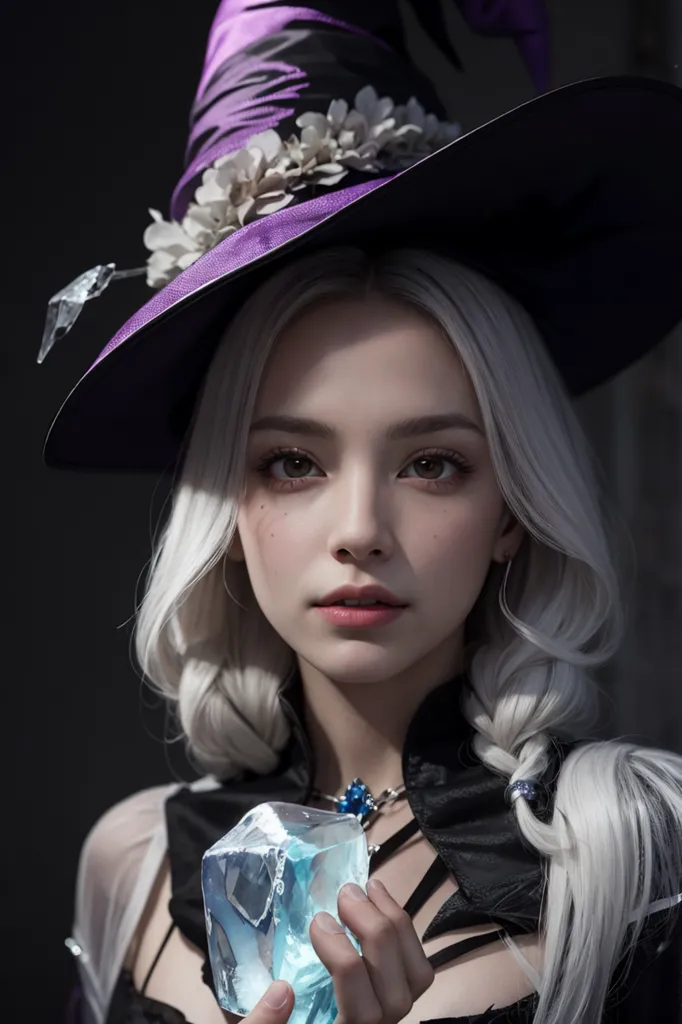 The image is a portrait of a beautiful young woman with long white hair and purple eyes. She is wearing a black and purple witch hat with a white flower and leaf design around the brim. She is also wearing a black and purple dress with a white camisole. She is holding a glowing blue crystal in her right hand. She has a serious expression on her face. The background is dark.