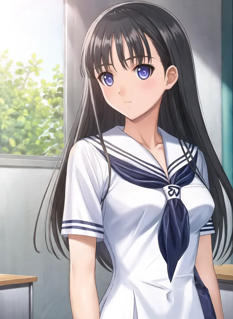 The image shows a young girl with long black hair and purple eyes. She is wearing a white and blue sailor-style school uniform. She is standing in a classroom, looking out the window. The sun is shining through the window, casting a warm glow over the girl. The girl is smiling softly. She has a gentle expression on her face. The image is peaceful and serene.