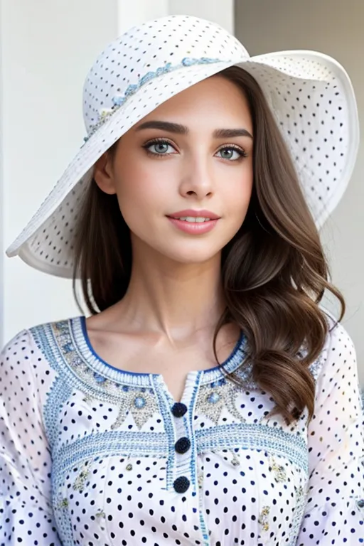 Una joven lleva un sombrero blanco con un patrón de lunares azules y una cinta azul. El sombrero tiene un ala ancha y está ribeteado con encaje blanco. La mujer tiene el cabello largo y ondulado de color marrón y ojos azules. Lleva un vestido blanco con un estampado floral azul y blanco. El vestido tiene un cuello alto y mangas largas. La mujer está de pie frente a un fondo blanco.