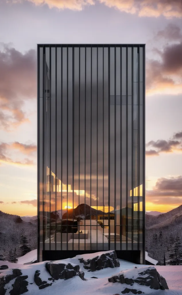 La imagen muestra una casa moderna con un marco de metal negro y grandes ventanas de cristal. La casa se encuentra en la cima de una montaña nevada, y la vista del atardecer desde la casa es impresionante. La casa está rodeada de montañas y árboles cubiertos de nieve, y el cielo es de un naranja intenso. La casa es alta y estrecha, y tiene un diseño único que la hace parecer que está flotando en el aire. La casa está hecha de cristal y metal, y tiene un diseño moderno y minimalista. El interior de la casa es visible a través de las ventanas de cristal, y está claro que la casa es muy espaciosa y lujosa. La casa está rodeada de un hermoso paisaje, y está claro que la casa es un lugar muy privado y aislado.