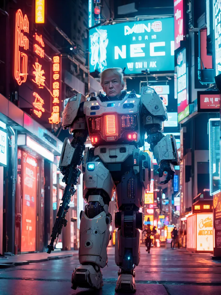 The image shows a man in a robotic suit of armor. The man is wearing a red tie and has a stern expression on his face. He is surrounded by tall buildings and city lights. There are people on the street who are looking at him in fear. The image is set in a futuristic city.