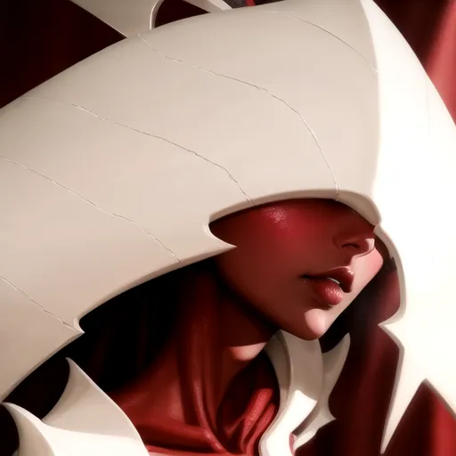 This image shows a close up of a woman's face. She has red skin and white hair. She is wearing a white helmet with a red visor. The helmet has a large, curved crest that extends over her head. The woman's lips are slightly parted and her eyes are narrowed. She has a determined expression on her face.