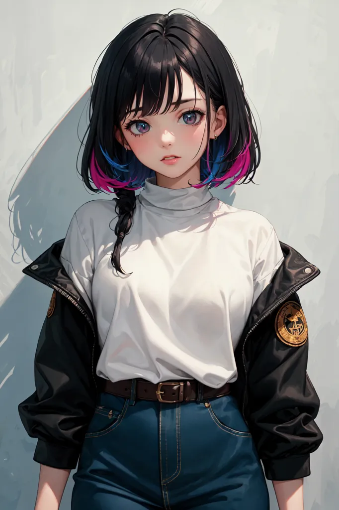 A imagem é de uma mulher jovem com cabelo preto que tem destaques azuis e rosa nas pontas. Ela está usando uma blusa de gola alta branca com um casaco preto e calça jeans azul. Ela tem um cinto marrom e há um remendo circular no ombro esquerdo do casaco. Ela está olhando para o espectador com uma expressão ligeiramente confusa no rosto.