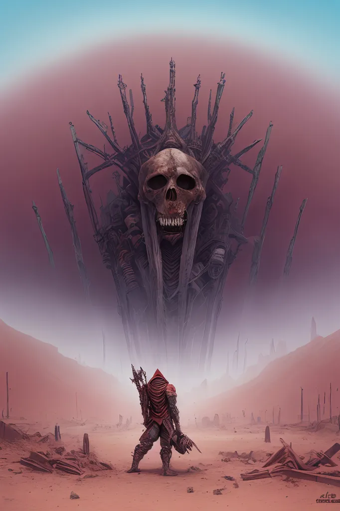 This is an image of a post-apocalyptic wasteland. The sky is a dark, dusty pink. The ground is cracked and littered with debris. There is a large skull in the middle of the image, surrounded by a ribcage and other bones. The skull is wearing a crown made of twisted metal. There is a figure standing in front of the skull. The figure is wearing a red cloak and a hood. They are holding a bow and arrow.