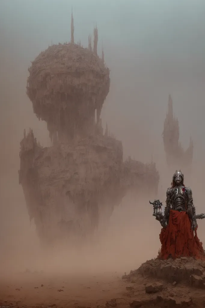 The image is set in a desert with a large, ruined city in the background. The city is made up of tall, crumbling buildings and towers. The sky is hazy and there is a sandstorm blowing. In the foreground of the image, there is a figure standing on a rock. The figure is wearing a long, red robe and has a strange, metallic mask on its head. It is also holding a staff in its hand.