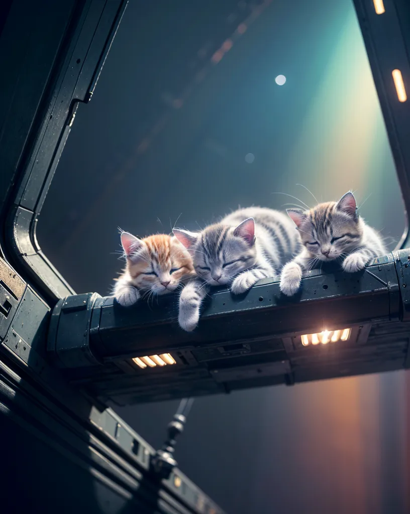 There are three kittens sleeping on a metal beam in space. The kittens are all curled up and look very peaceful. The background is a dark blue with a bright light in the distance. The light is reflecting off the metal beam and illuminating the kittens.