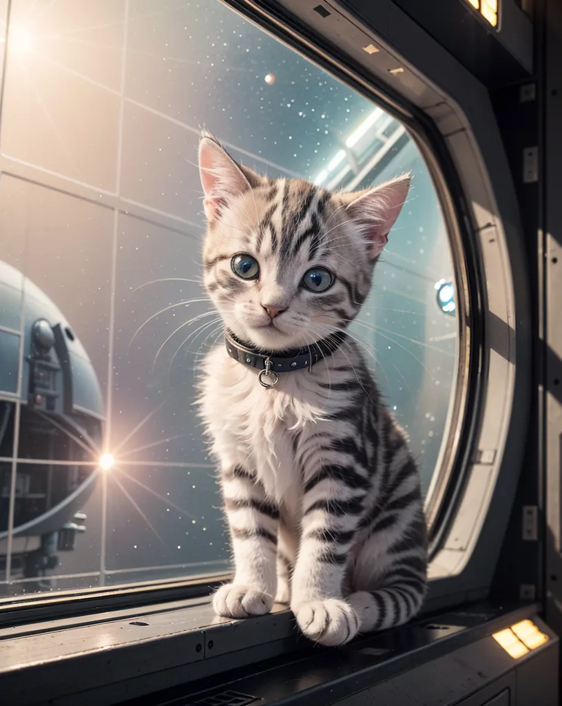 A cute tabby kitten is sitting on a spaceship window sill, looking out into space. The kitten has a black collar with a tag on it. There is a bright light in the distance, and a planet can be seen in the background.