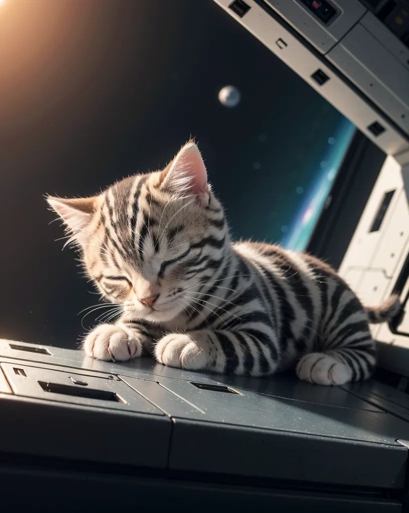 A cute tabby kitten is sleeping on a control panel in a spaceship. The kitten is curled up with its head on its paws. Its eyes are closed, and it looks very peaceful. The control panel is covered in buttons and switches. There is a large window in the background of the image, and it shows a view of space. There are stars, planets, and a nebula in the view. The image is very well-lit, and the colors are very vibrant.