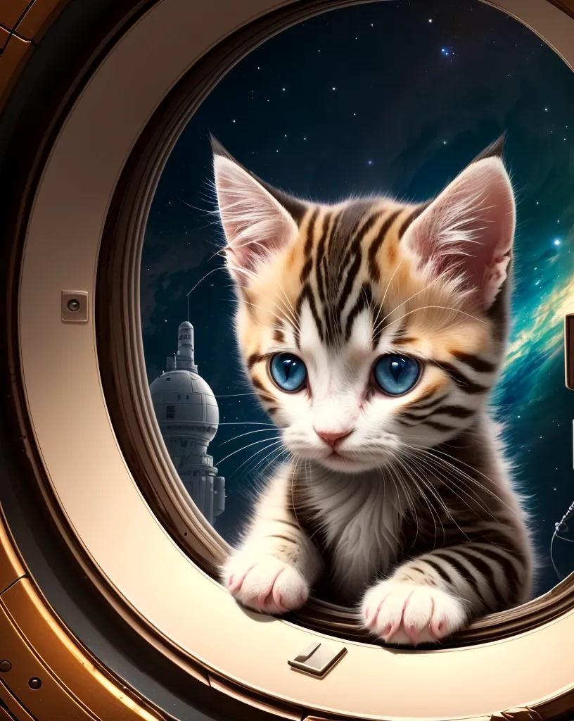 かわいいトラ猫が宇宙船の中に座っており、窓の外を見つめています。その猫には青い目があり、窓の外にある大きな宇宙ステーションを見つめています。宇宙ステーションは大きく、多くの明かりが灯っています。猫は金属の表面に座っており、その上にはコントロールパネルがあります。猫はとても好奇心旺盛で、宇宙船の周りを見回しています。