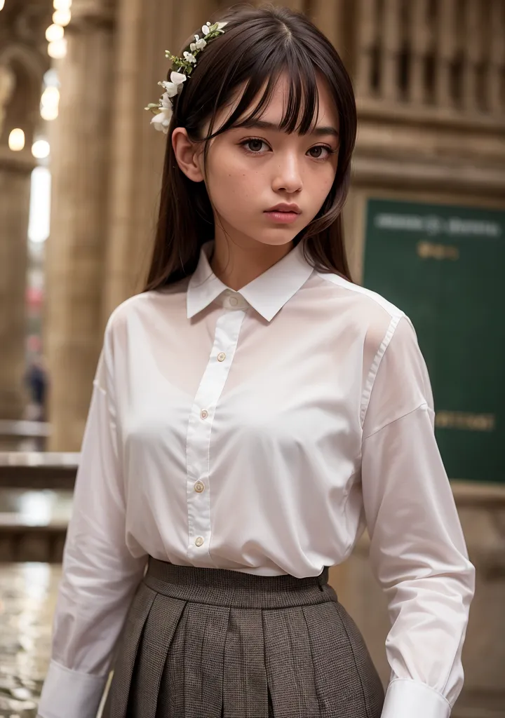 The image shows a young woman with long dark hair and bangs. She is wearing a white button-down shirt and a gray pleated skirt. There are small white flowers in her hair. She is standing in front of a blurred background.