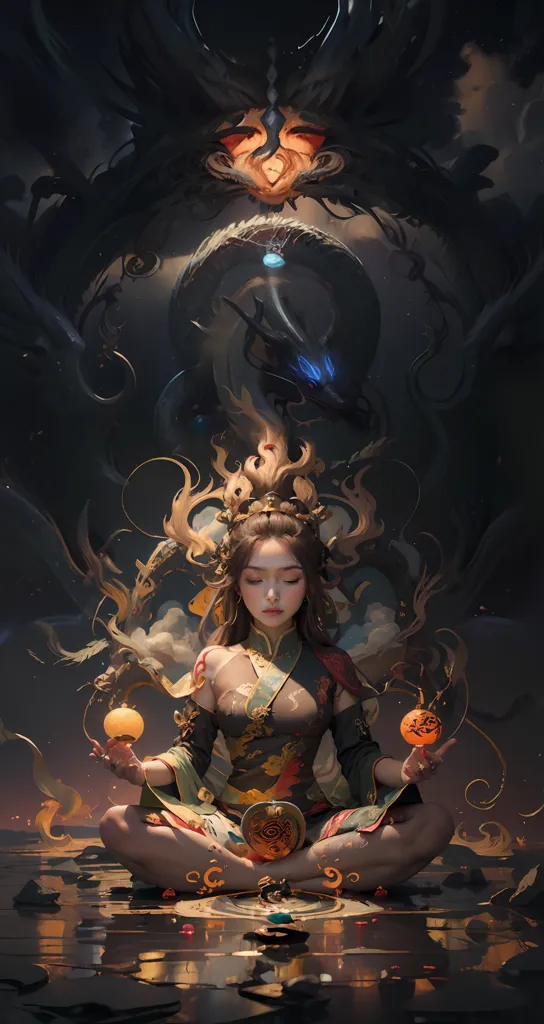 The image is a dark fantasy illustration of a woman sitting in a lotus position. She is wearing a traditional Chinese dress with a red and gold pattern and has long, flowing hair. She is surrounded by a dark background with a dragon and several birds flying in the background. The woman has her eyes closed and is meditating. She is holding a small, glowing orb in each hand. The orbs are connected by a thin, glowing line. The image is very detailed and has a strong sense of atmosphere.