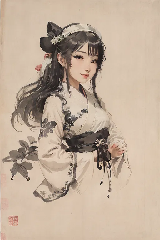 The image is a portrait of a young woman. She has long black hair, dark eyes, and a gentle smile. She is wearing a traditional Chinese dress called a hanfu. The dress is white with a floral pattern and a black obi sash. The background of the image is a light beige color.