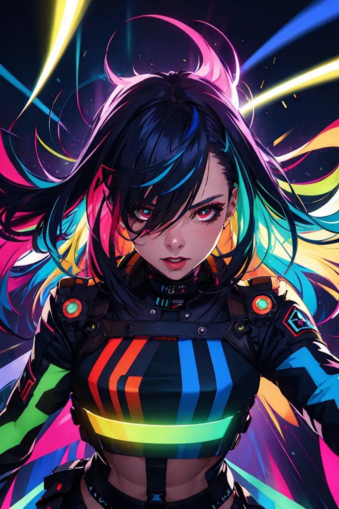 This is an image of a young woman with long black hair and bright red eyes. She is wearing a black and neon green outfit. She has a serious expression on her face. There are bright lights and streaks of color surrounding her.