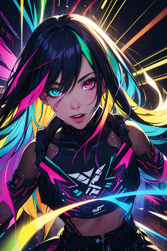 This is an image of a young woman with long black hair. She is wearing a black outfit with green and pink accents. She has one green eye and one pink eye, and her face is partially covered by her hair. She is standing in front of a dark background with bright lights in the background.