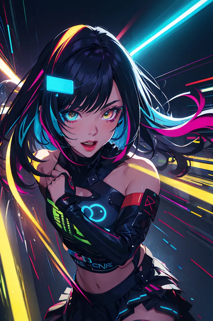 This is an image of a young woman with long black hair and blue eyes. She is wearing a black and yellow outfit and has a blue device on her left arm. She is standing in a dark place with colorful lights in the background. The image is drawn in an anime style.