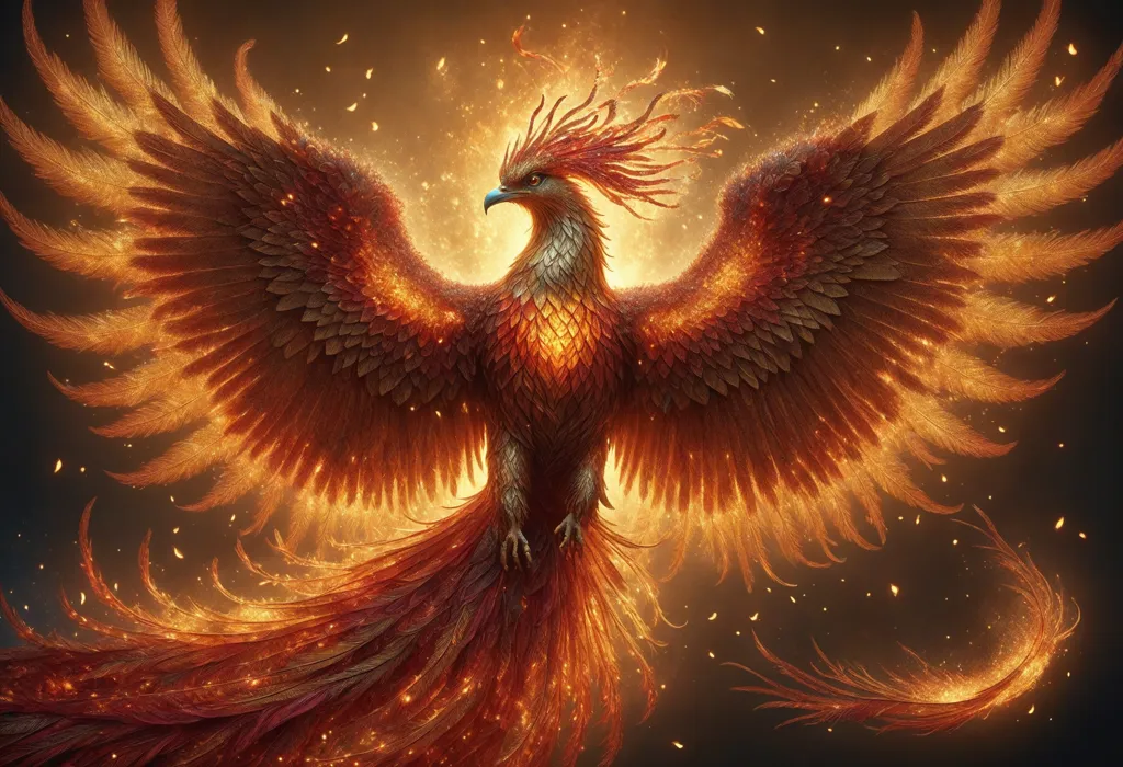 The phoenix is a mythical bird that is said to be a symbol of hope and renewal. It is said to live for 500 years, after which it bursts into flames and is reborn from the ashes. The phoenix is often depicted as a beautiful bird with bright red and gold feathers. It is also often associated with the sun.