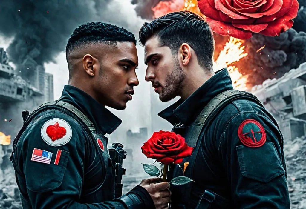 In the midst of a war-torn battlefield, two soldiers, one black and one white, stand facing each other. They are both dressed in military gear and armed with guns. The black soldier has a red heart pinned to his chest, while the white soldier has a red rose. The background is a fiery orange, with smoke and debris flying everywhere. The two soldiers are locked in a tense embrace, their eyes filled with both fear and determination. It is unclear whether they are about to fight or kiss. The image is a powerful and thought-provoking commentary on the human cost of war.