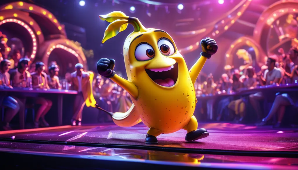 The image shows a cartoon banana on a stage in front of a cheering crowd. The banana is wearing a black tuxedo with a yellow bow tie and has a big smile on its face. The stage is lit up with bright lights and there are palm trees in the background. The banana is holding a microphone in its right hand and is singing into it.