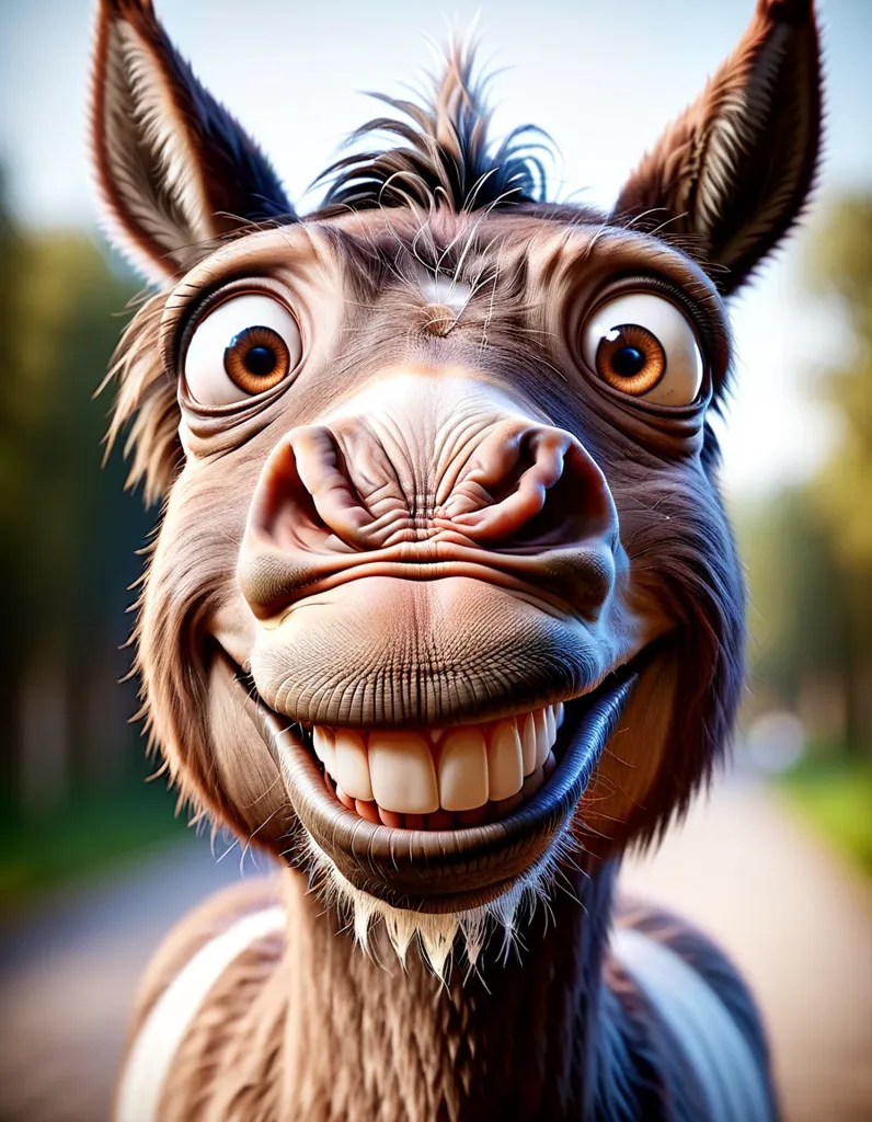 The image shows a close-up of a donkey's face. The donkey has big, brown eyes, a long, brown nose, and a wide, toothy smile. Its fur is light brown and its mane is dark brown. The background is blurred.