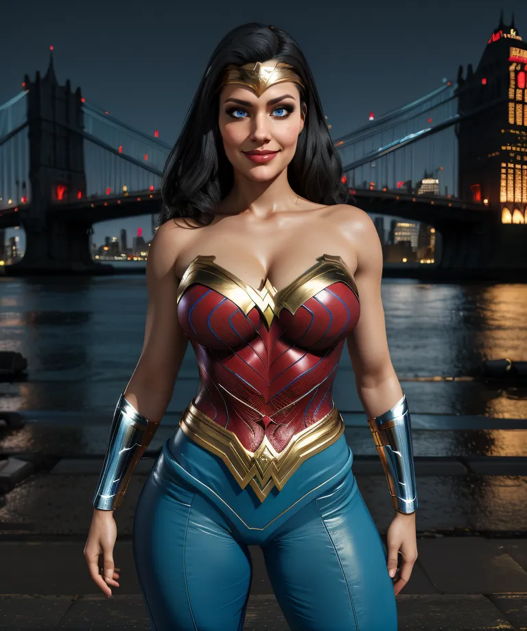 This is an image of Wonder Woman, a superhero from DC Comics. She is standing on a bridge in front of a city. She is wearing her iconic red, white, and blue costume and has her lasso of truth in her hand. She has a confident smile on her face and looks ready to fight for justice.