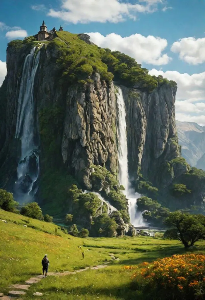 The image is of a tall, rocky cliff with a flat top. The cliff is covered in greenery and there is a waterfall coming down from the top. There is a small castle on the top of the cliff. There is a person walking towards the cliff on a path. There are some trees and flowers in the foreground. The sky is blue and there are some clouds in the sky.