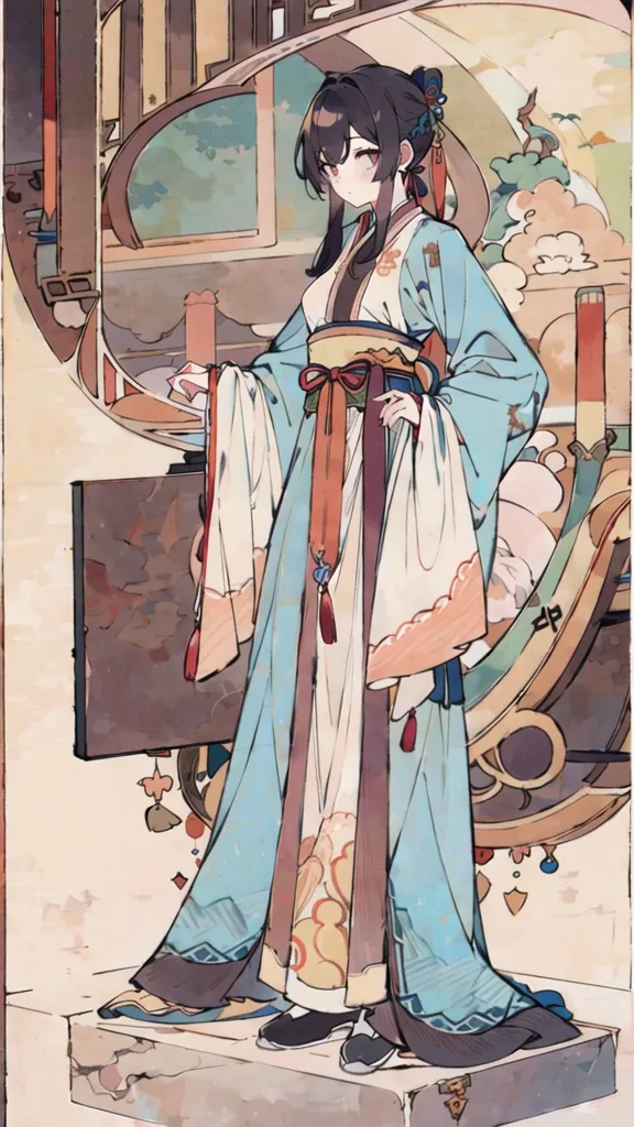 The image is of a young woman in a blue and white kimono with a red obi. She has long black hair and brown eyes. She is standing in a traditional Chinese courtyard with a round window in the background.