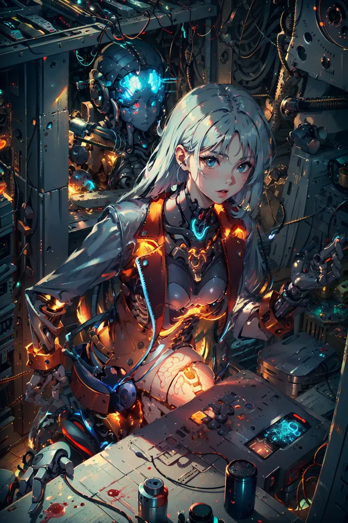 The image is of a young woman with long white hair and blue eyes. She is wearing a white shirt and a black jacket. She is sitting in a dark room with a lot of machinery around her. There is a robot standing next to her. The woman is looking at a control panel. The image is in a cyberpunk style.