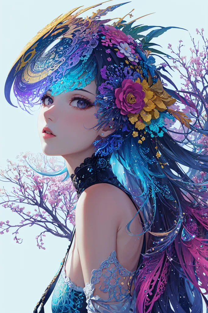 La imagen es un retrato de una hermosa mujer joven con cabello largo y ondulado. Su cabello es de un color azul profundo y está peinado de una manera elegante y caprichosa. Lleva una corona de flores y sus ojos son de un azul intenso y penetrante. Su piel es clara y sin imperfecciones, y sus labios son de un rosa suave. Viste un vestido de color azul oscuro, con encaje blanco en los bordes. El vestido es de hombros descubiertos y muestra sus esbeltos hombros. También lleva un collar de oro con una variedad de piedras preciosas. El fondo de la imagen es de un color azul claro, decorado con algunas flores de cerezo. El efecto general de la imagen es de belleza y elegancia.