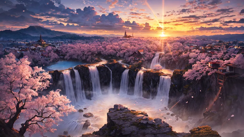 The image is a beautiful landscape of a waterfall in a forest. The waterfall is surrounded by cherry blossom trees, which are in full bloom. The sky is a clear blue, and the sun is shining brightly. There is a small village in the distance. The image is very peaceful and serene.