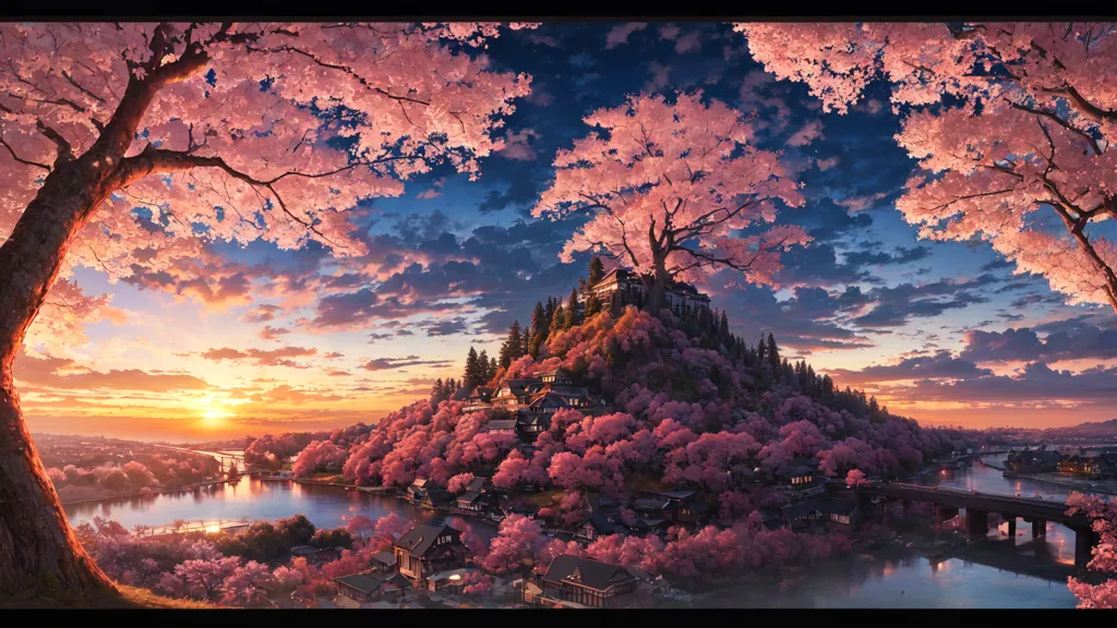 The image is a beautiful landscape of a Japanese village. The village is located in a valley surrounded by mountains. The mountains are covered in cherry blossoms. The river runs through the valley and there is a bridge over the river. The sky is a gradient of orange, pink, and blue. The image is very peaceful and serene.