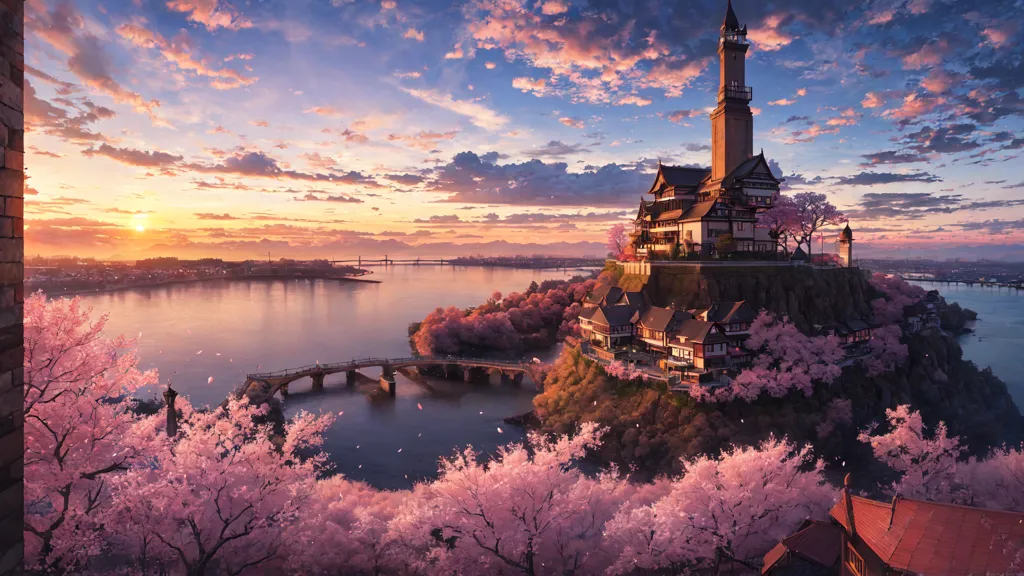 The image is a beautiful landscape of a Japanese castle on a hill. The castle is surrounded by cherry blossom trees in full bloom. The sky is a gradient of orange and pink, with a few clouds dotting the horizon. The sun is setting over a river in the background. The image is peaceful and serene, and captures the beauty of the Japanese countryside.