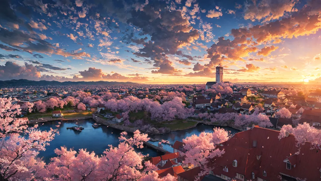 La imagen es un hermoso paisaje de un pueblo en primavera. El cielo es de un azul claro con nubes esponjosas y blancas. El pueblo está rodeado de cerezos en plena floración. Los árboles tienen un tono delicado de rosa y sus flores son como algodón de azúcar. El pueblo está compuesto por pequeñas casas con techos rojos. Hay un río que atraviesa el pueblo y un puente que cruza el río. La imagen es pacífica y serena y captura la belleza de la temporada de primavera.