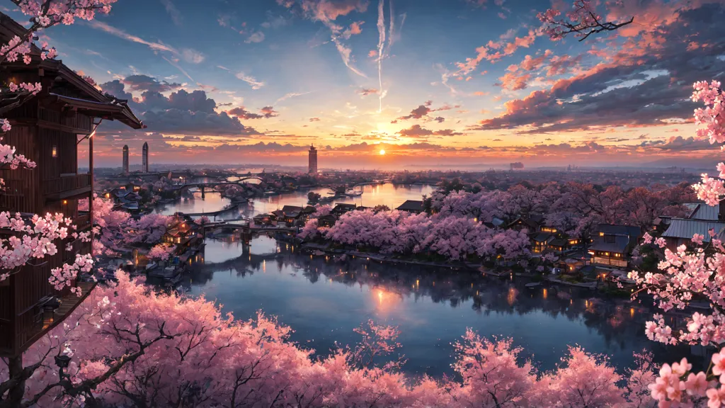 この画像は、桜の季節の美しい都市の景色を描いています。空は、オレンジ、ピンク、そして青のグラデーションで、白い雲が浮かんでいます。この街は川沿いに位置し、多くの伝統的な日本様式の建物が見られます。木々は満開で、繊細なピンクの花が咲いています。この画像は穏やかで静かな雰囲気を醸し出し、桜の季節の美しさを捉えています。