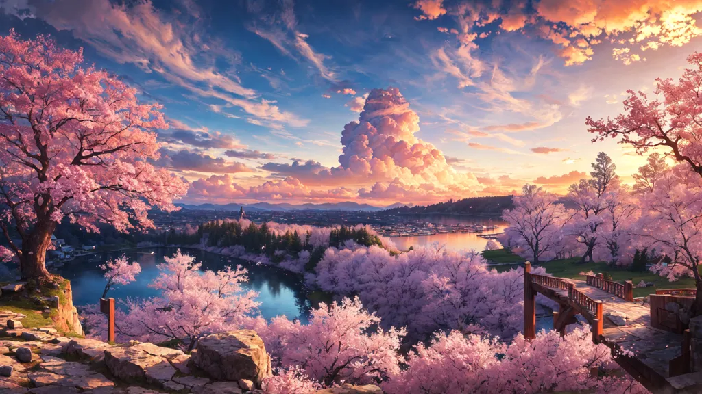 The image is a beautiful landscape of Japan. The sky is a gradient of blue and pink, with white clouds. The foreground is a lake with a small bridge. The background is a mountain range. The trees are cherry blossoms, which are in bloom. The image is very peaceful and serene.