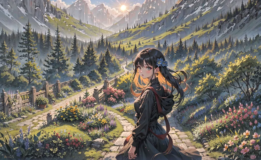 The image is a beautiful landscape of a mountain valley. The sky is clear and blue, and the sun is shining brightly. The valley is filled with lush green trees and flowers of all different colors. There is a path that runs through the valley, and a young woman is walking along the path. The woman is wearing a long black dress with a white apron. She has long brown hair and blue eyes, and she is carrying a basket of flowers. The image is peaceful and serene, and it captures the beauty of nature.