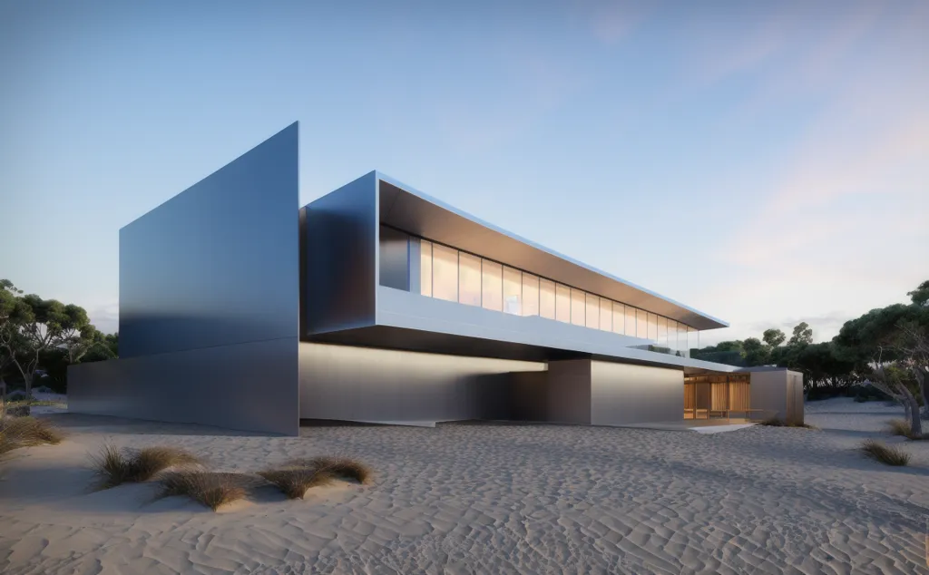 The image shows a modern house in the middle of a desert. The house is made of metal and has a large glass window. There are some bushes in front of the house and a few trees in the background. The sky is blue and clear.