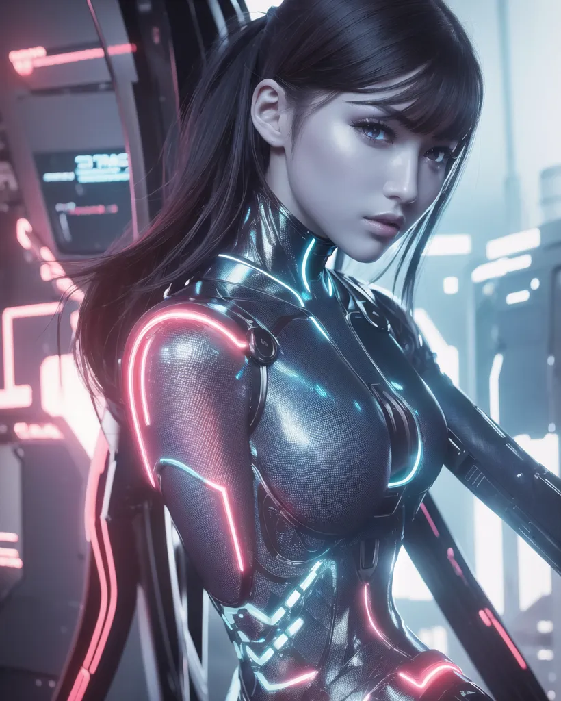 The image is of a young woman with long black hair and blue eyes. She is wearing a black and silver bodysuit with blue and pink highlights. She is standing in a futuristic setting and there are blue and pink lights in the background.