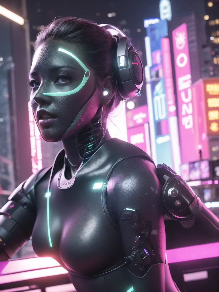 The image is a portrait of a young woman with dark skin and short black hair. She is wearing a black bodysuit with green and blue glowing lines. She also has a pair of headphones on. The background is a blurred cityscape at night with bright lights.