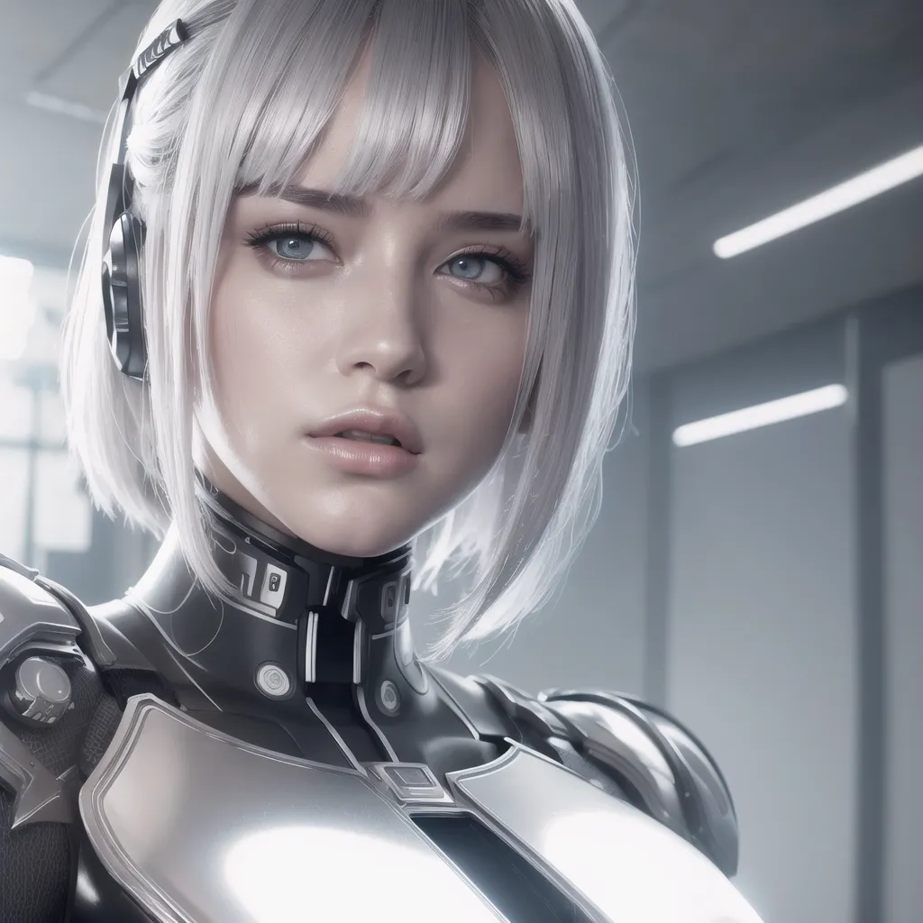 The image is a portrait of a beautiful young woman with short white hair and blue eyes. She is wearing a futuristic silver armor with a high collar. The woman has a serious expression on her face. She is looking at the viewer with her head tilted slightly to the right. The background is a blur of light gray.