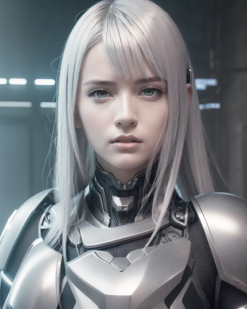 This is an image of a young woman with long silver hair and green eyes. She is wearing a silver and grey armor. She looks like a character from a video game or a movie. She is standing in a dark room with a futuristic background.