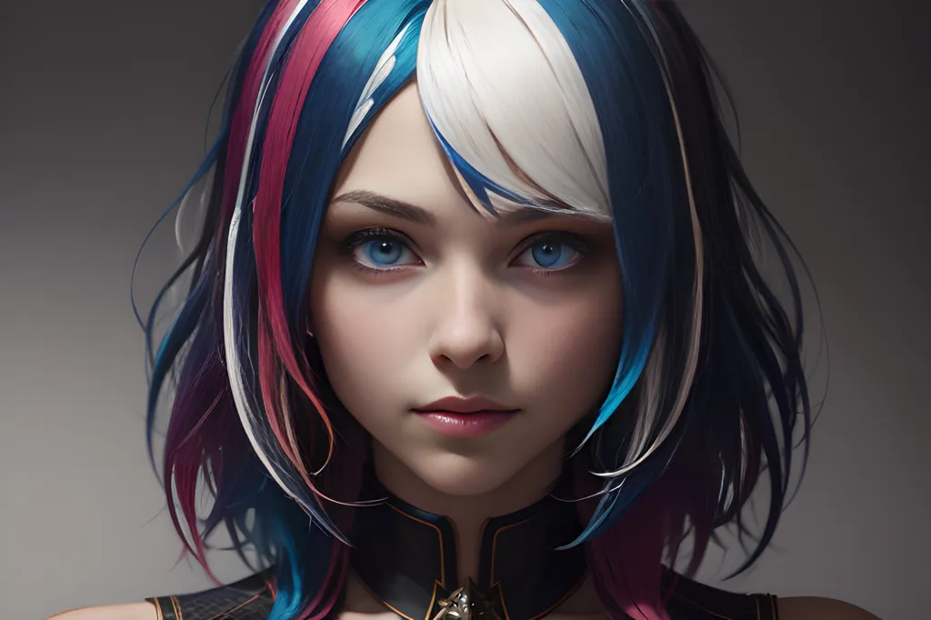 Esta é uma imagem de uma jovem mulher com um retrato estilo anime. Ela tem olhos azuis e cabelos multicoloridos divididos em três seções. O lado esquerdo do seu cabelo é azul, o lado direito é rosa e o meio é branco. Ela está usando um choker preto com um pingente dourado.