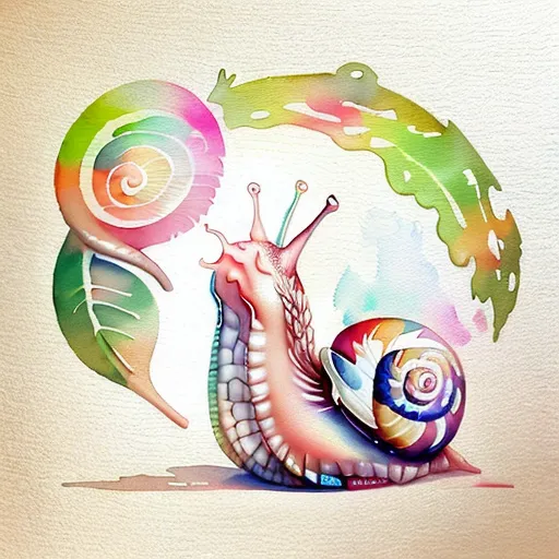 The image contains a watercolor painting of a snail. The snail has a blue, yellow, orange, and pink shell. The snail is sitting on a green leaf. There are two large leaves and a flower behind the snail. The background is a light pink color.