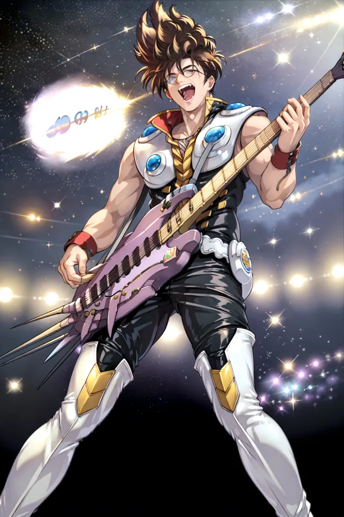 The image shows a man playing a guitar. He is wearing a white and black outfit with a yellow belt and has brown hair and blue eyes. He is standing in front of a starry background with a large glowing planet in the top left corner. He is playing a pink and purple guitar and has a surprised expression on his face.