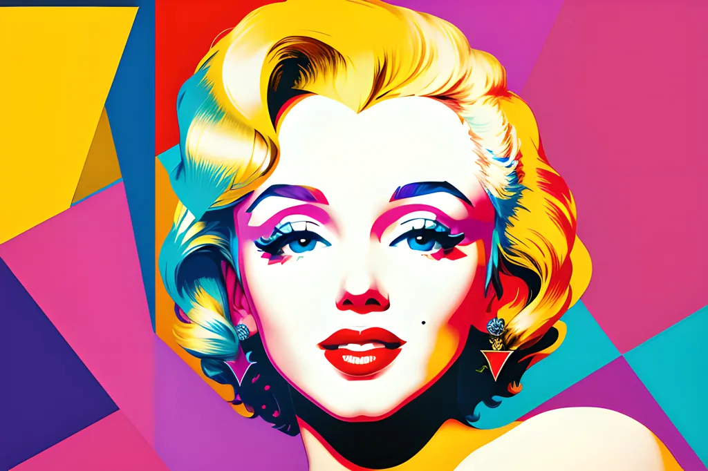 The image is a portrait of Marilyn Monroe. She is depicted with her signature blonde hair and red lips. The background is a bright and colorful pattern of geometric shapes. The overall style of the image is pop art.