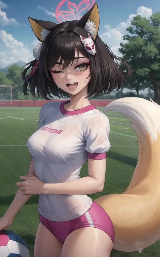 The image is of a young woman with long dark hair and fox ears. She is wearing a white shirt, pink shorts, and a fox mask. She is winking and has a playful expression on her face. There is a soccer ball at her feet. In the background, there is a soccer field with trees and a blue sky.