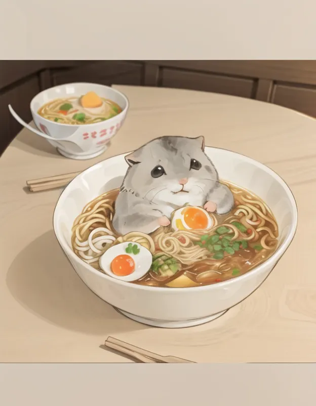 The image shows a bowl of ramen with a hamster in it. The hamster is sitting on the noodles and has a piece of egg in its paw. There is another bowl of ramen next to it. The image is drawn in a realistic style and the colors are muted.