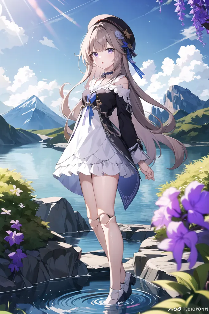 The image is of an anime girl with long silver hair and purple eyes. She is wearing a black and white dress with a blue ribbon around her neck. She is standing on a rock in the middle of a river, and there are mountains in the background. The sky is blue and there are some clouds in the sky. There are also some purple flowers on the rocks near her.