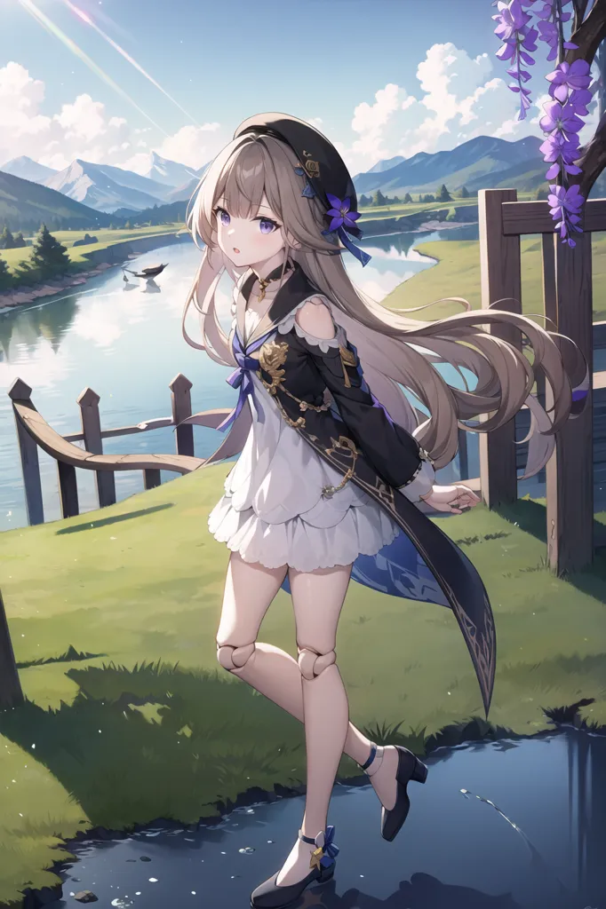 This is an image of an anime-style girl with long blonde hair and purple eyes. She is wearing a white and blue dress with a black hat. She is standing on a wooden fence near a river. There are mountains in the background and a tree with purple flowers to her right. The sky is blue and there are some clouds.