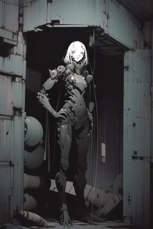 The image is in black and white. It shows a female figure standing in a dark room. The figure is wearing a skin-tight suit with a lot of technological details. Her face is expressionless. The room is dark and there is a lot of debris on the floor.