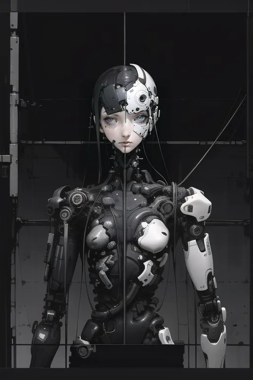 The image is a digital painting of a female cyborg. She has black hair, pale skin, and a black and white robotic body. Her face is partially covered by a metal mask, and her eyes are a bright blue. She is wearing a black bodysuit. The background is a dark, industrial setting.